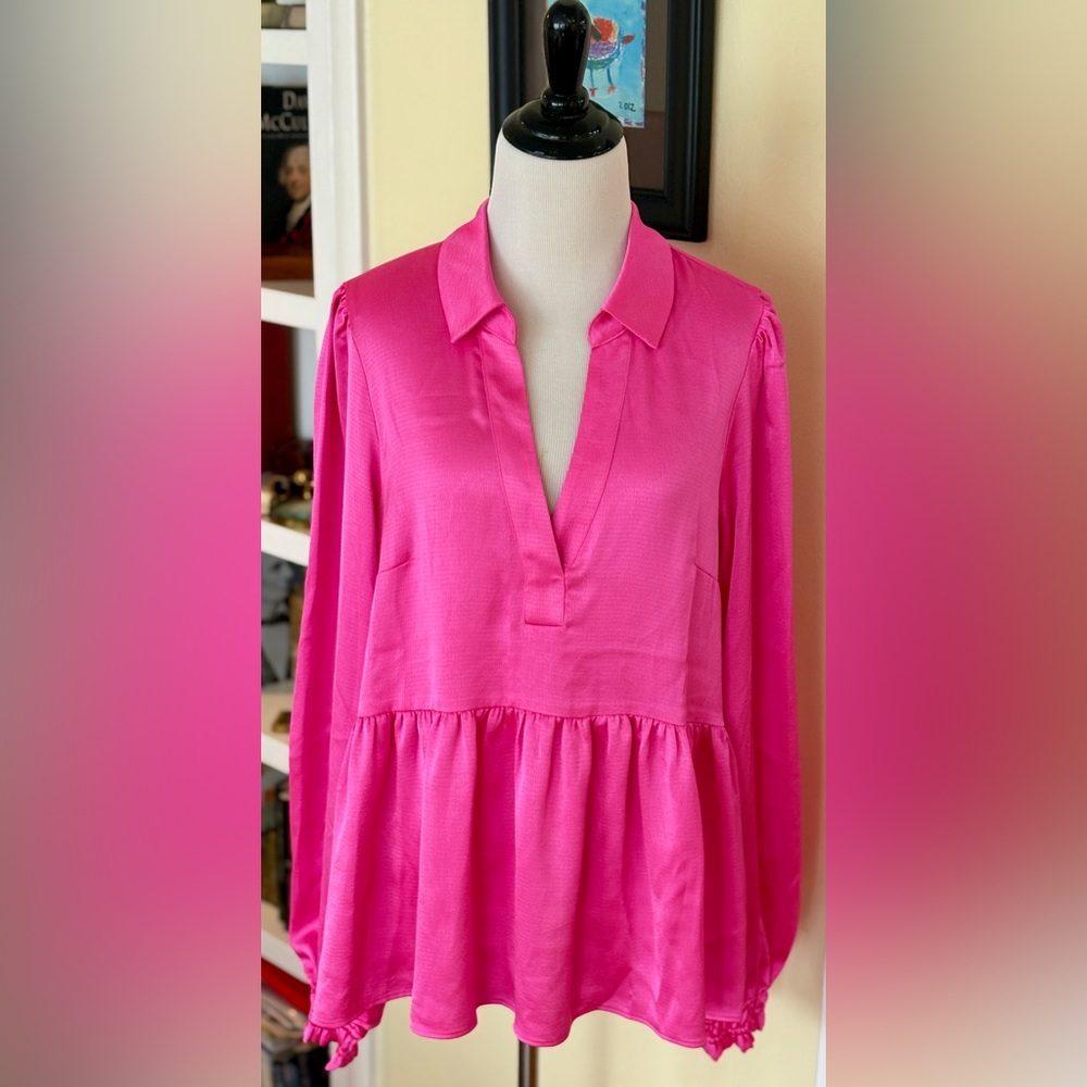 Lilly Pulitzer Top Hot Pink Sateen Jaylene Long Sleeve Peplum Hem Blouse XL - Picture 3 of 9